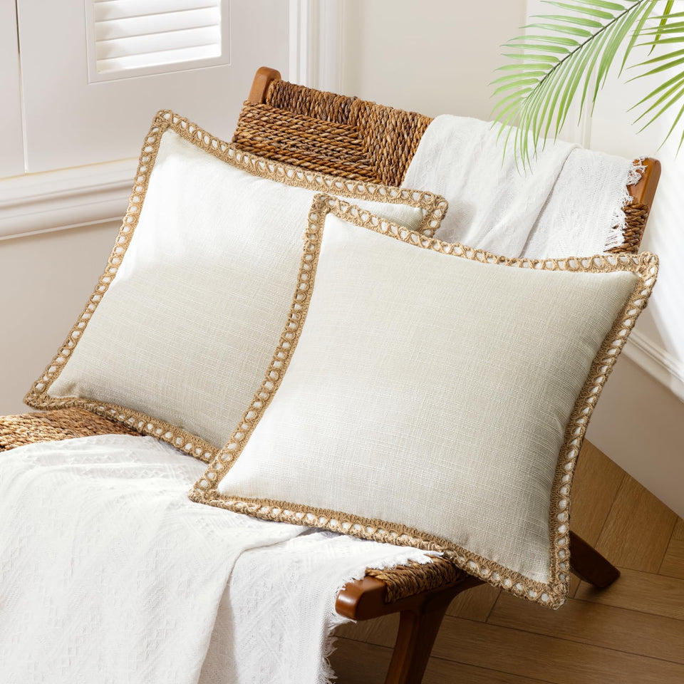 Phantoscope two-pack pillow covers in off-white burlap with linen trim, ideal for cozy farmhouse decor.