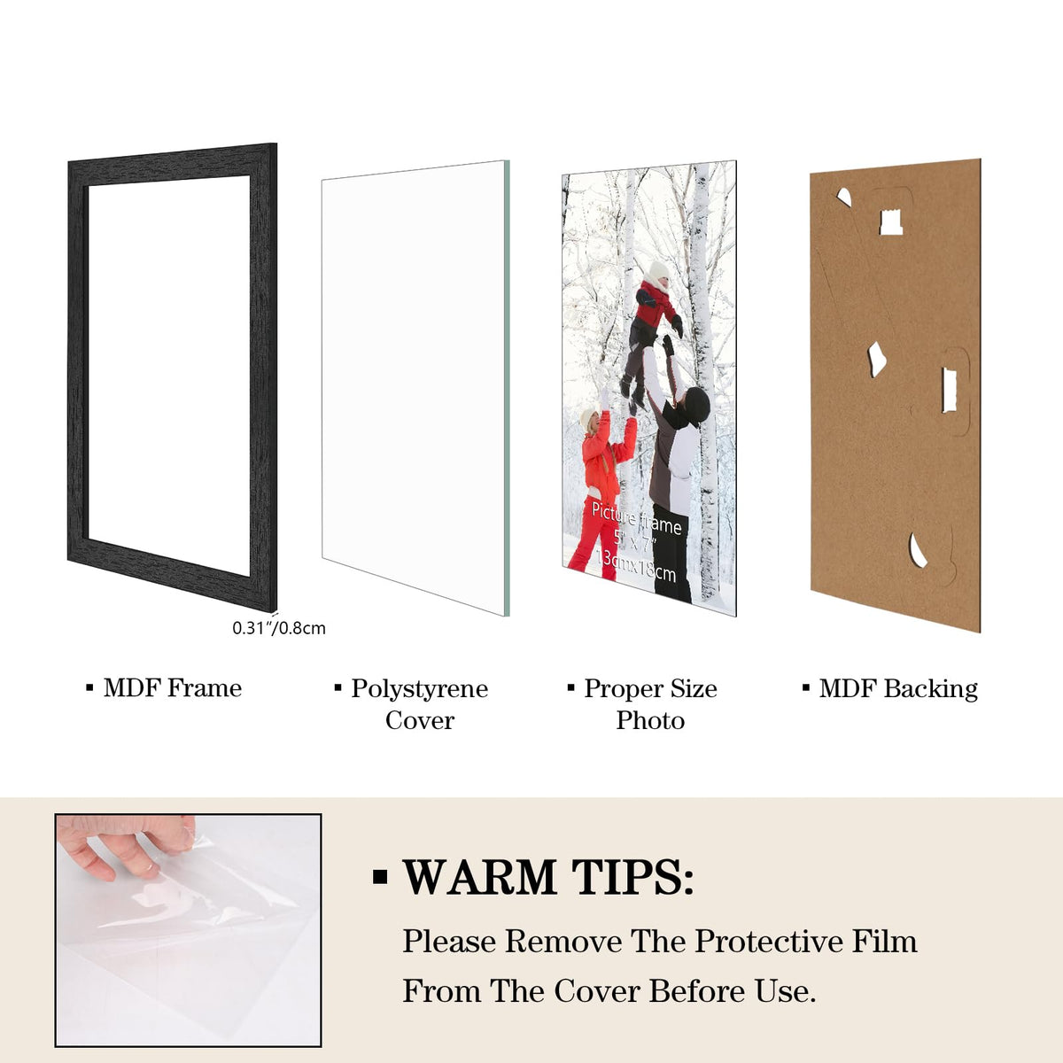 PHAREGE black 5x7 frame shown on desk with built-in stand.