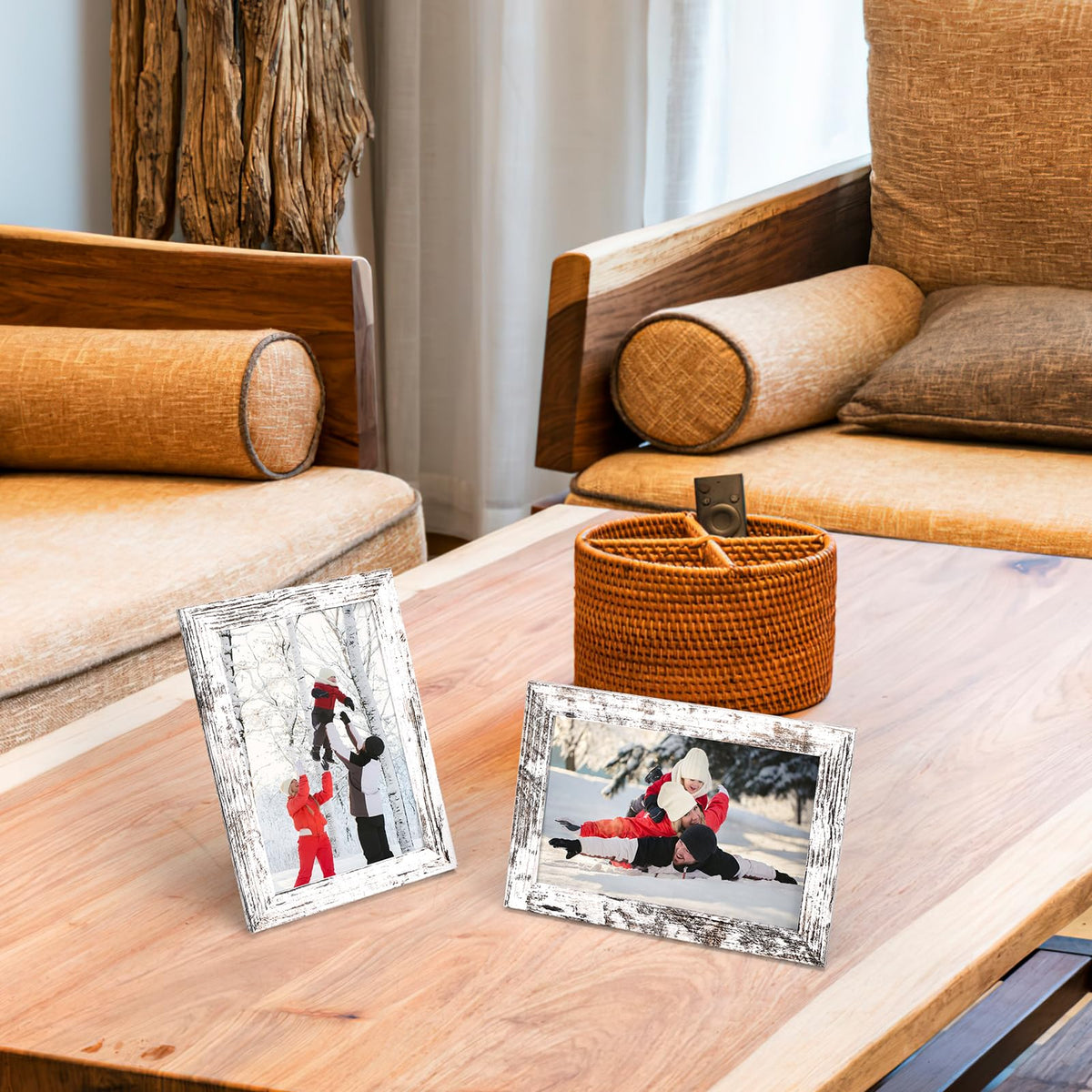 PHAREGE 4x6 wood-grain frame on tabletop highlights family photos.