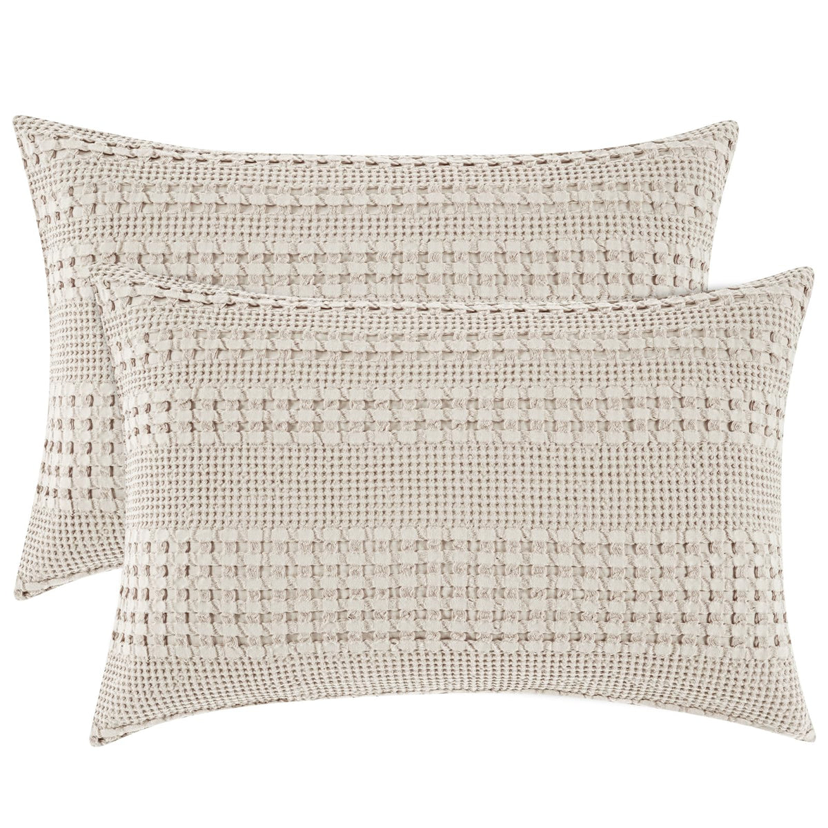 PHF 100% cotton waffle pillowcase oatmeal, front view shows breathable weave