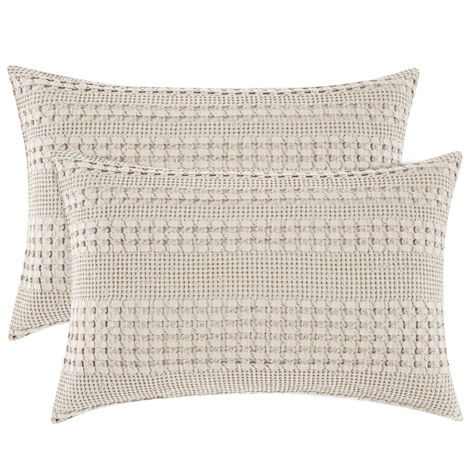 PHF 100% cotton waffle pillowcase oatmeal, front view shows breathable weave