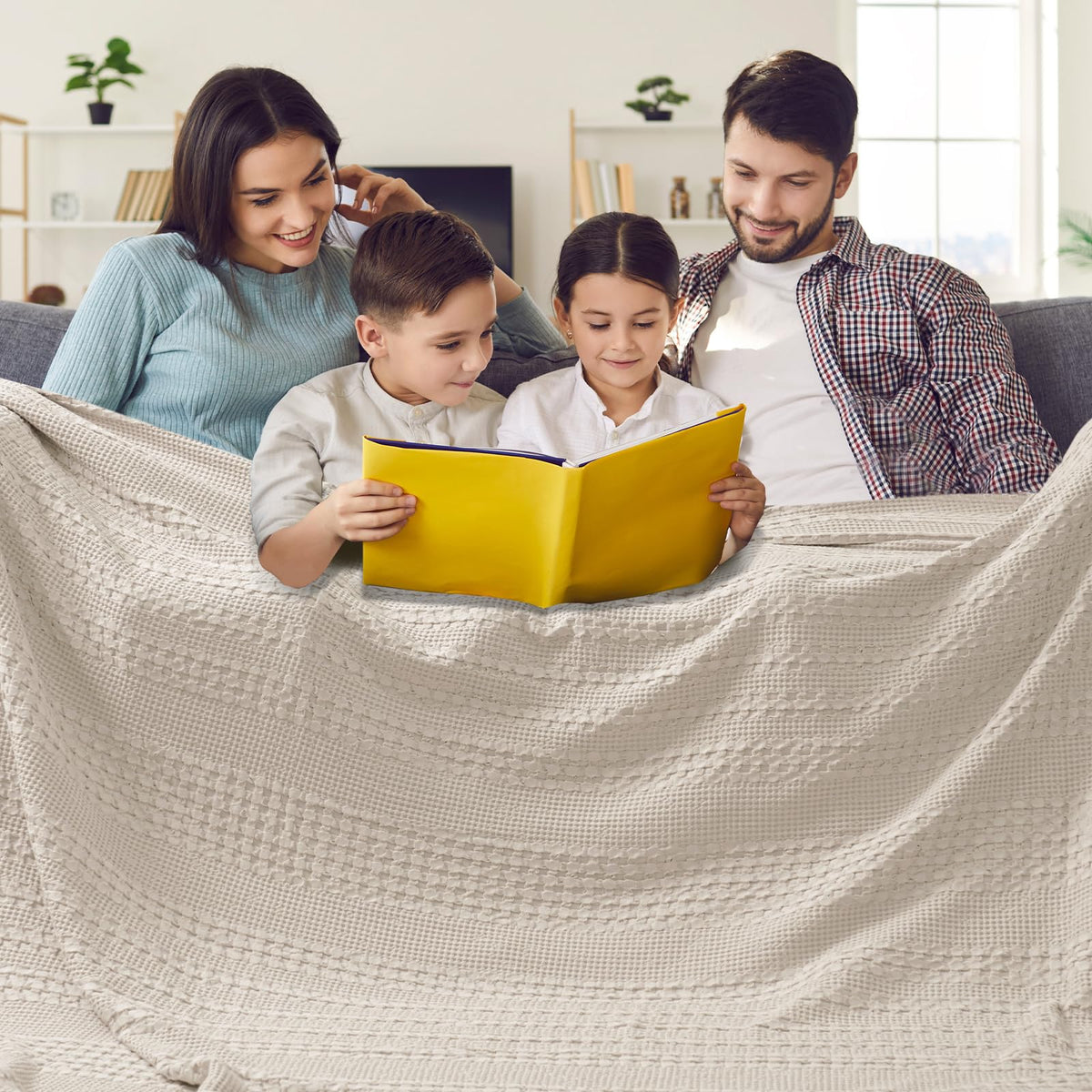PHF oversized waffle blanket folded for king bed, inviting warmth and plush softness