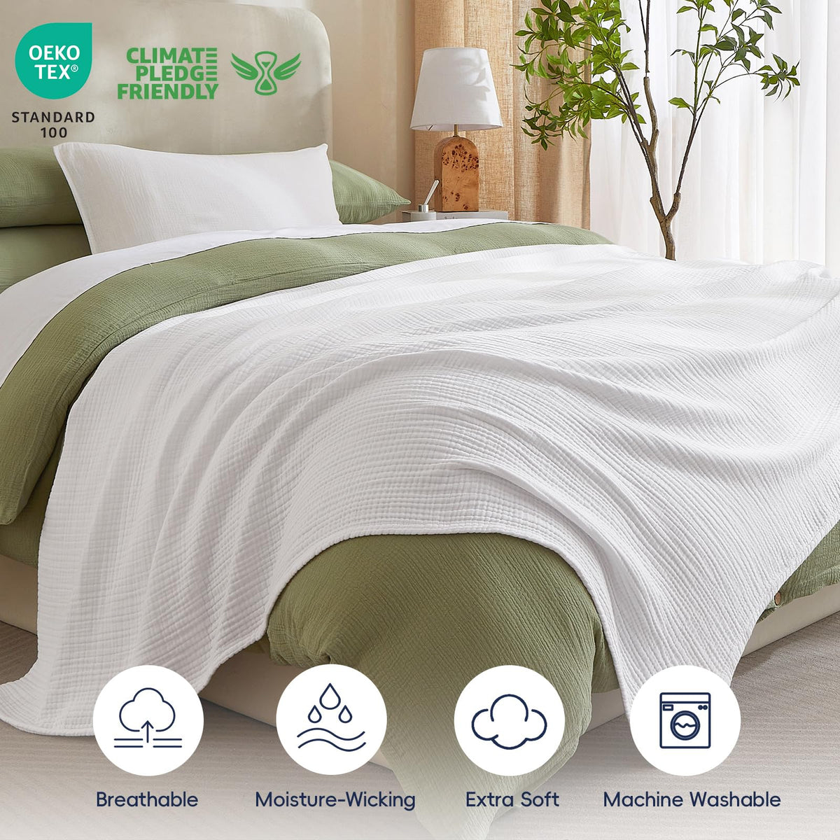 PHF muslin throw on bed adds decorative layer while staying breathable.