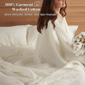 PHF cotton waffle blanket ivory bed-scene showcases lightweight warmth suitable for spring nights.