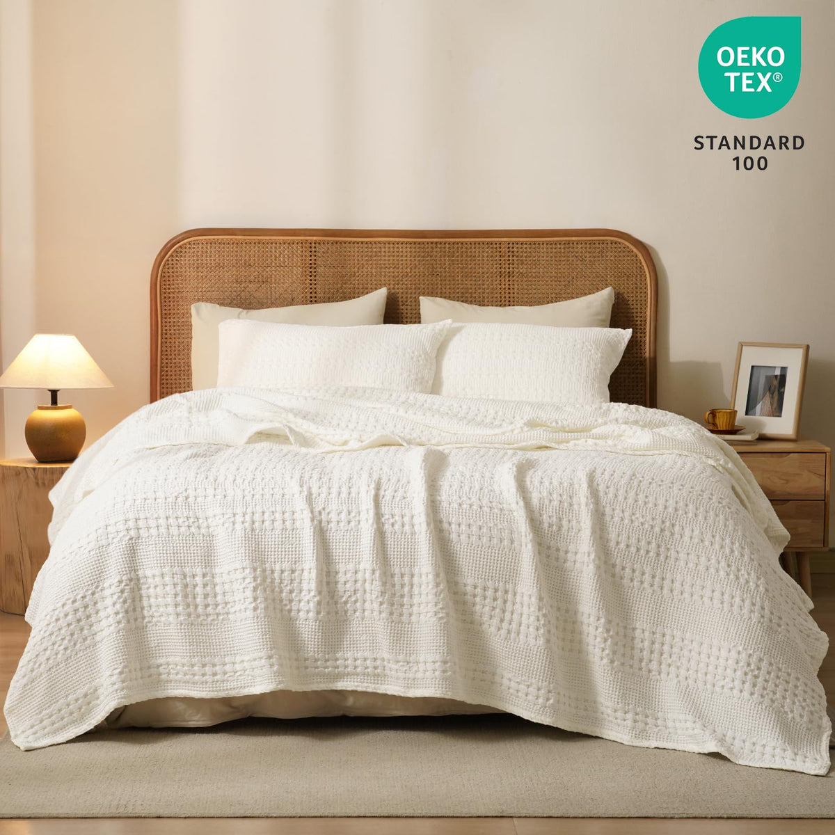 PHF cotton waffle blanket ivory lifestyle-camping portrays versatile travel warmth.