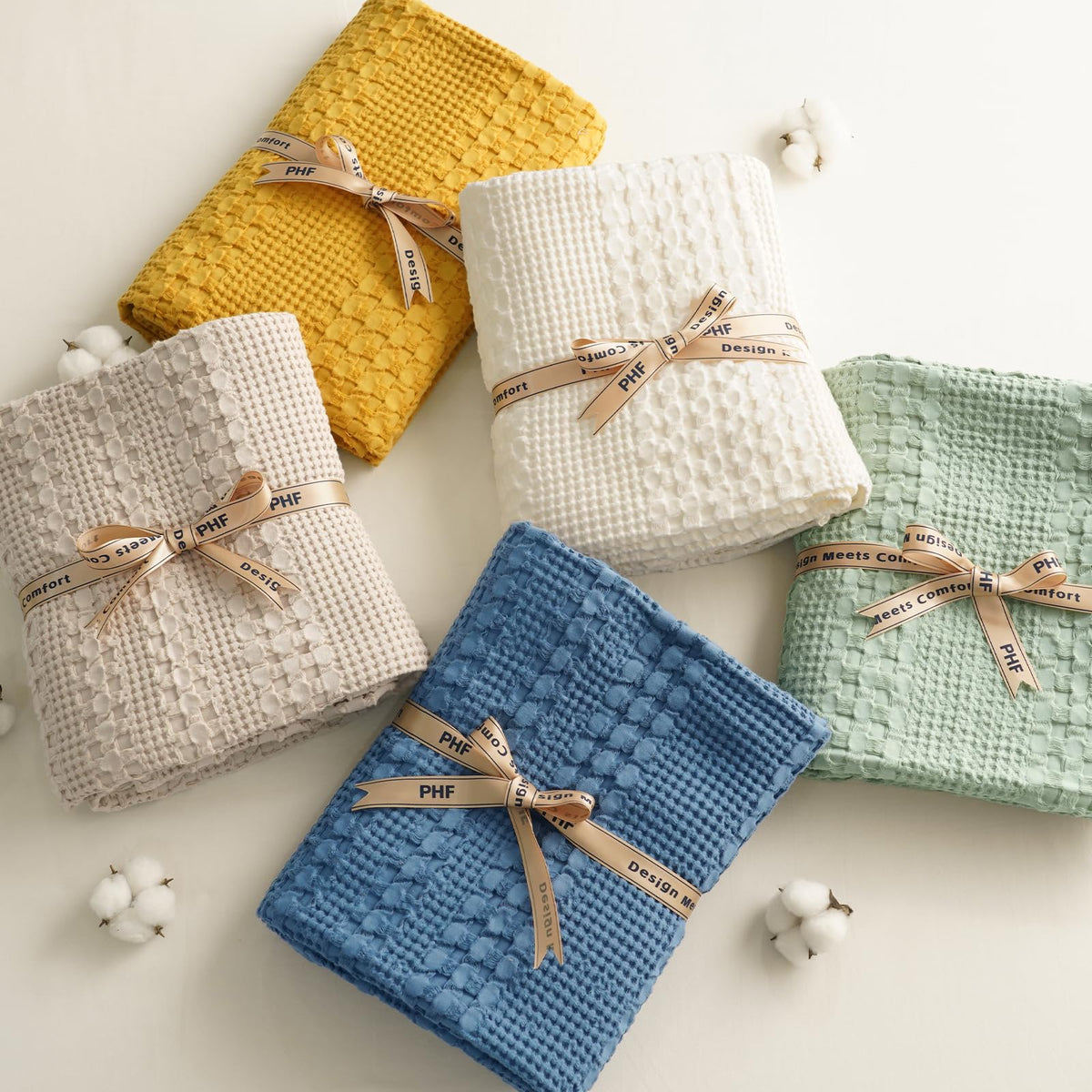 PHF cotton waffle blanket ivory rolled for gifting emphasizes premium texture and easy care.