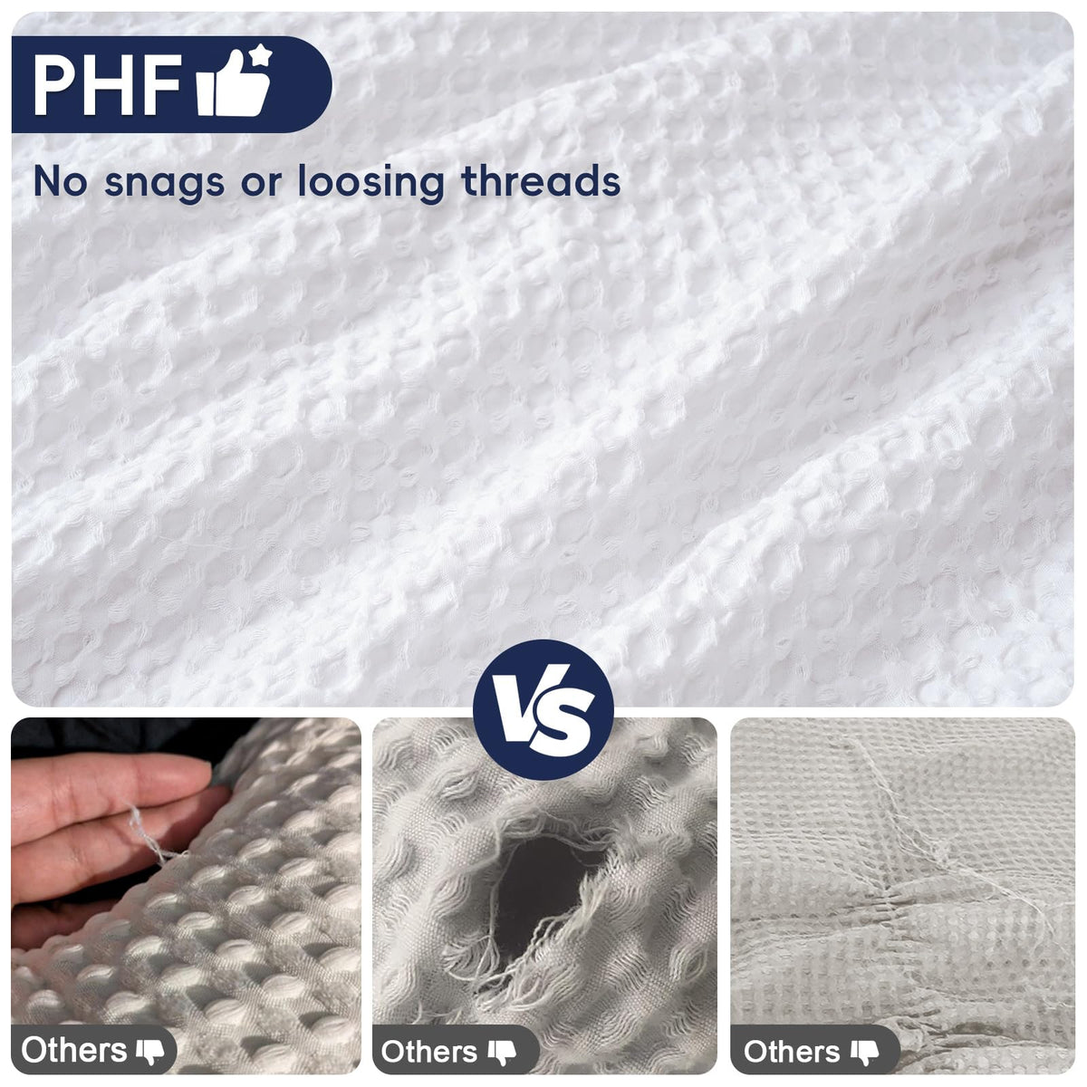 PHF white pillow sham 20x26 staged on bed showcases durable, non-snag waffle fabric.