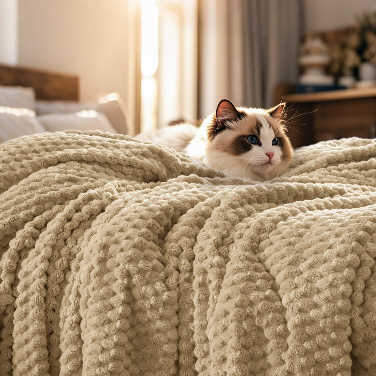 PHF Ultra Soft Flannel Blanket front view in khaki for plush bedroom warmth.