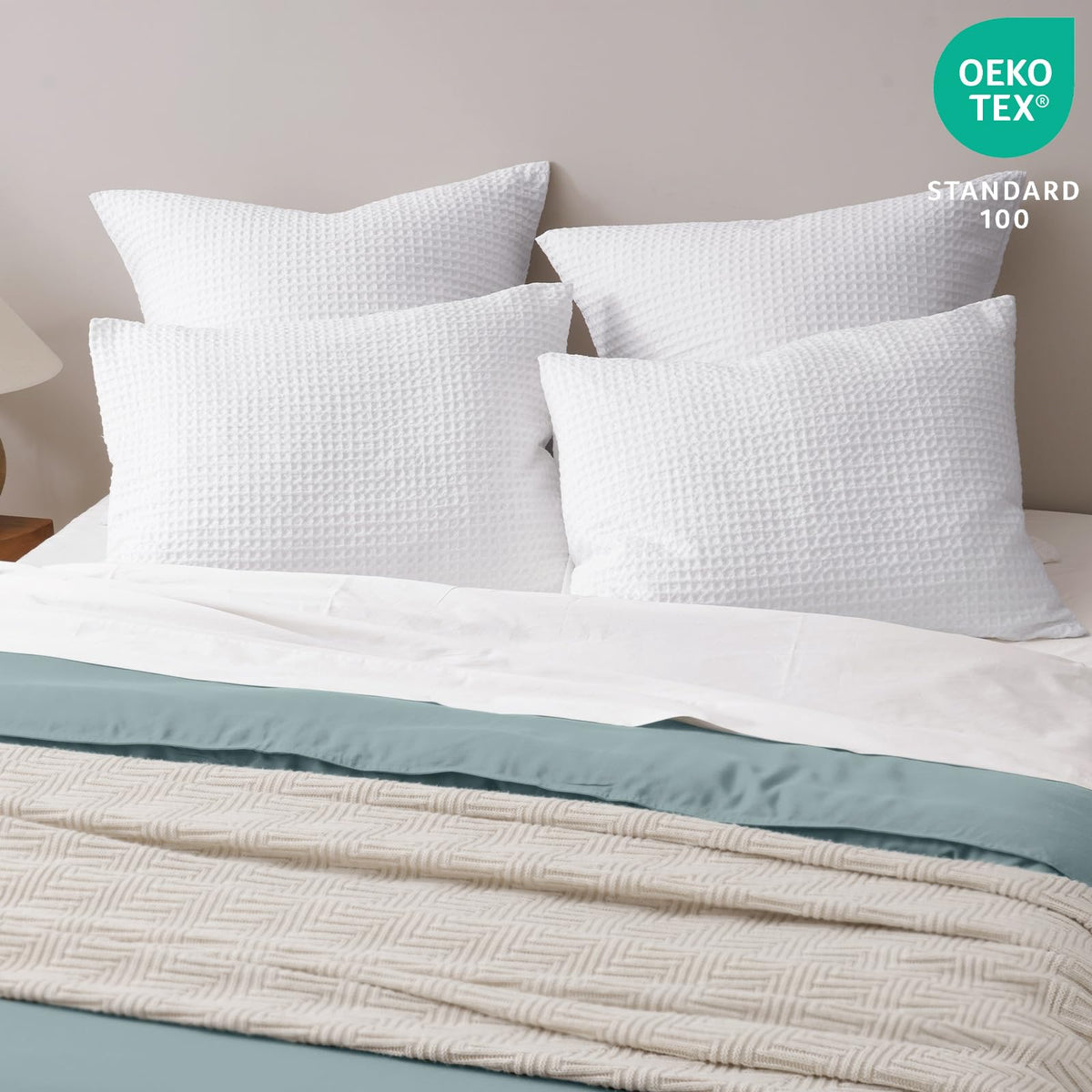 PHF Ultra Soft Waffle Weave Pillow Shams 20x26 white flat lay shows crisp waffle pattern and breathable fabric.