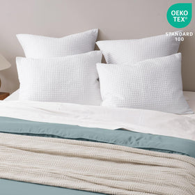 PHF Ultra Soft Waffle Weave Pillow Shams 20x26 white flat lay shows crisp waffle pattern and breathable fabric.