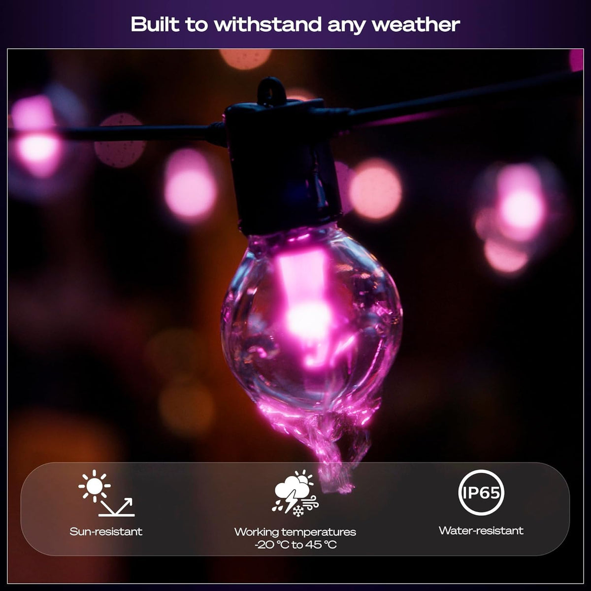 Philips Hue Festavia shatterproof bulbs for outdoor durability.