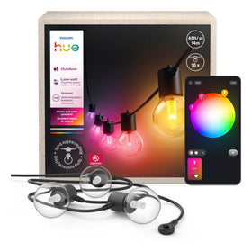 Philips Hue Festavia globe outdoor lights illuminate the patio with warm, vivid color.