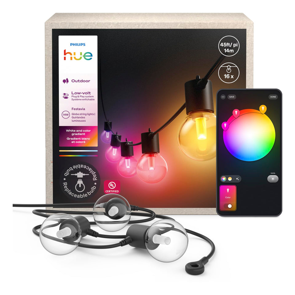 Philips Hue Festavia globe outdoor lights illuminate the patio with warm, vivid color.