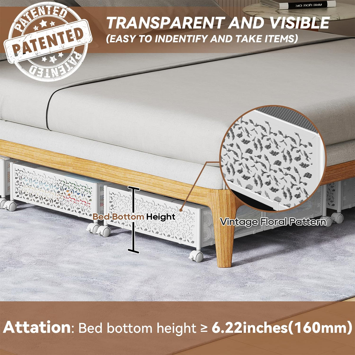 PHINOX under bed storage shelf close-up emphasizes sturdy mesh for load-bearing.