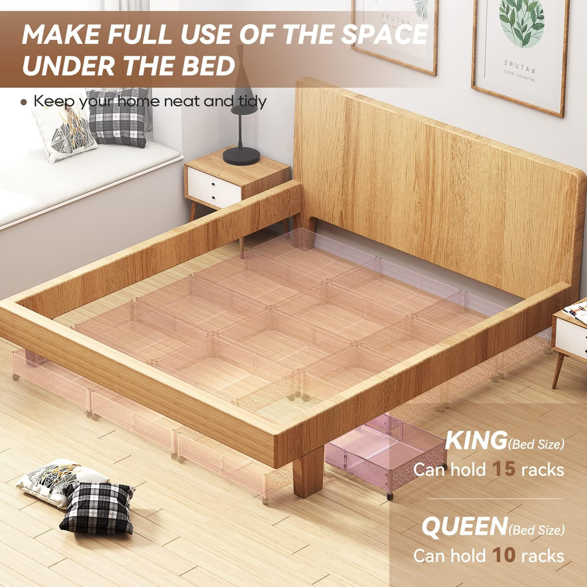 PHINOX under-bed storage with wheels, carved floral pattern visible for stylish organization.