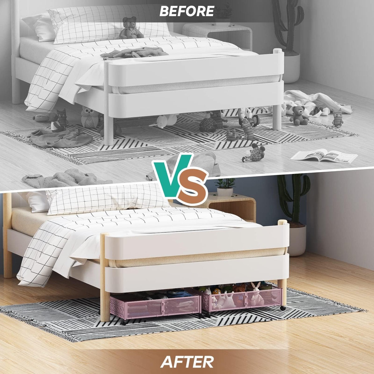 PHINOX under-bed storage with wheels, dust-free elevated design protecting contents.