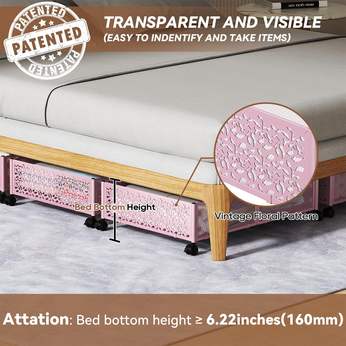PHINOX under-bed storage with wheels, folded-flat design for compact storage.