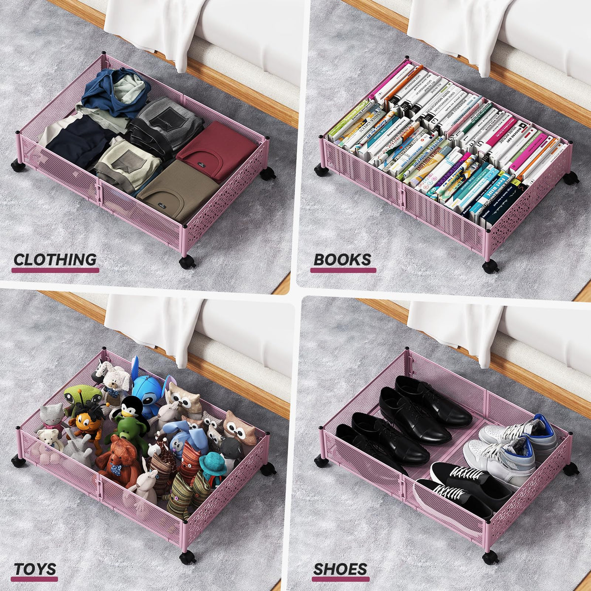 PHINOX under-bed storage with wheels, wheels in locked position for secure placement.