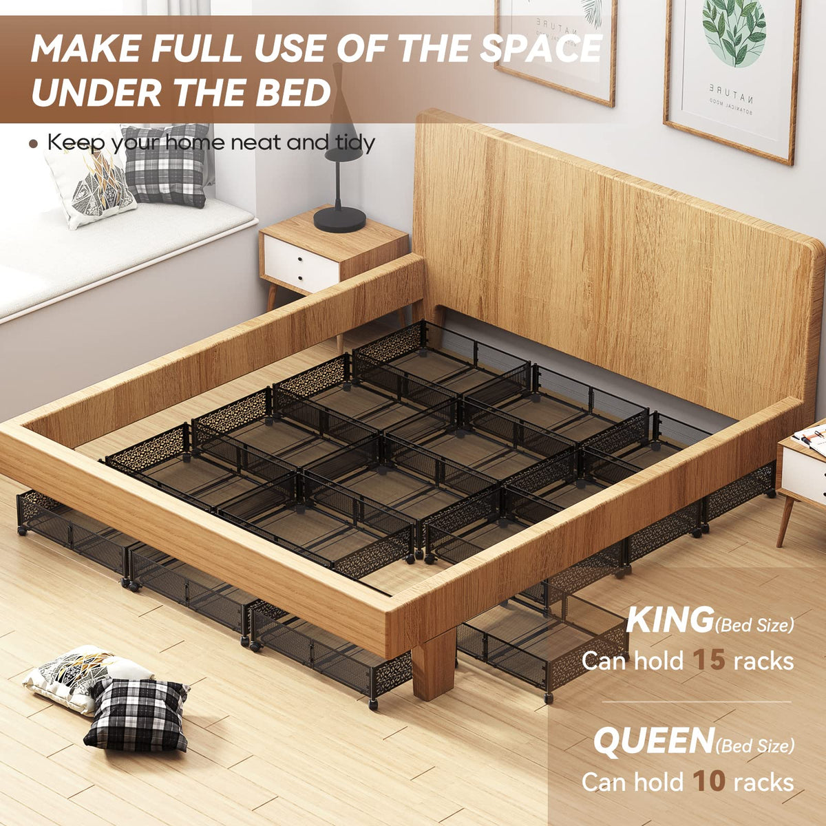 PHINOX under-bed storage in a bedroom setup with visible wheels for smooth movement