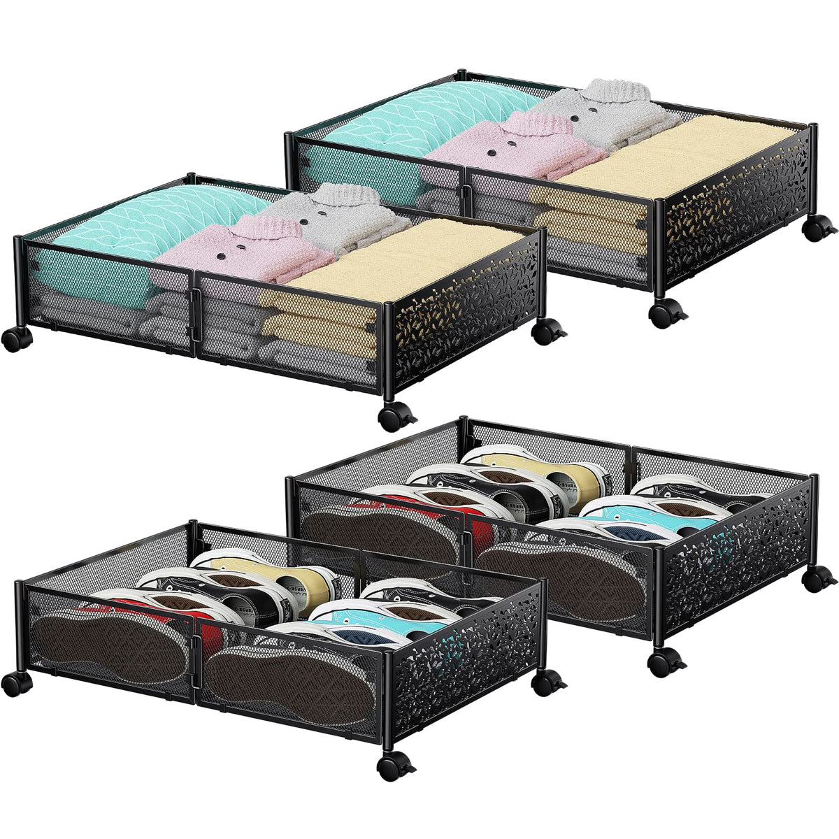 PHINOX under-bed storage wheels metal bin, front view, sturdy organization for clothes and blankets