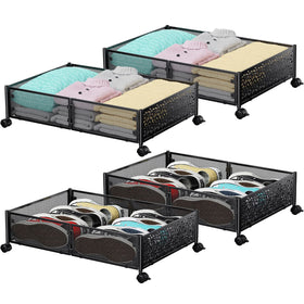 PHINOX under-bed storage wheels metal bin, front view, sturdy organization for clothes and blankets
