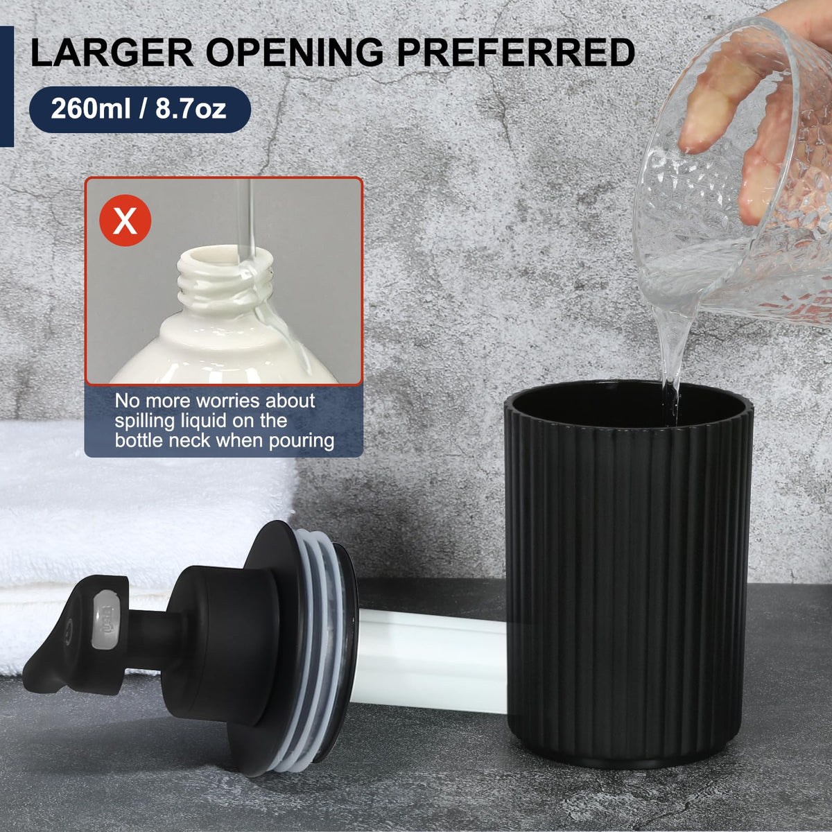Phneems fill mouth image emphasizes easy refilling with 260 ml capacity.