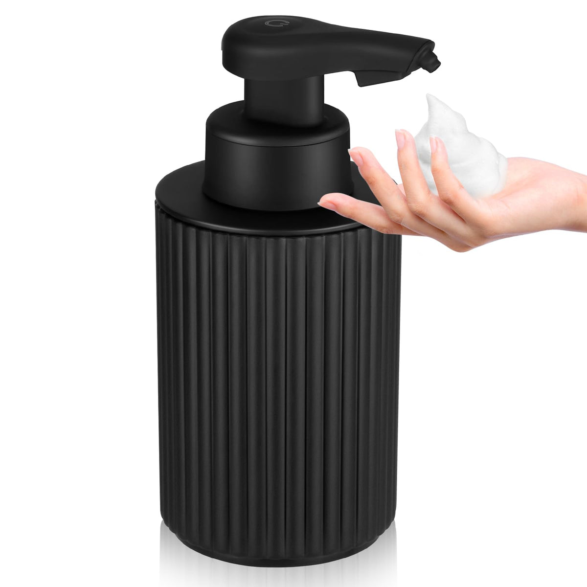 Phneems automatic foaming dispenser front view on kitchen counter for clean hands.