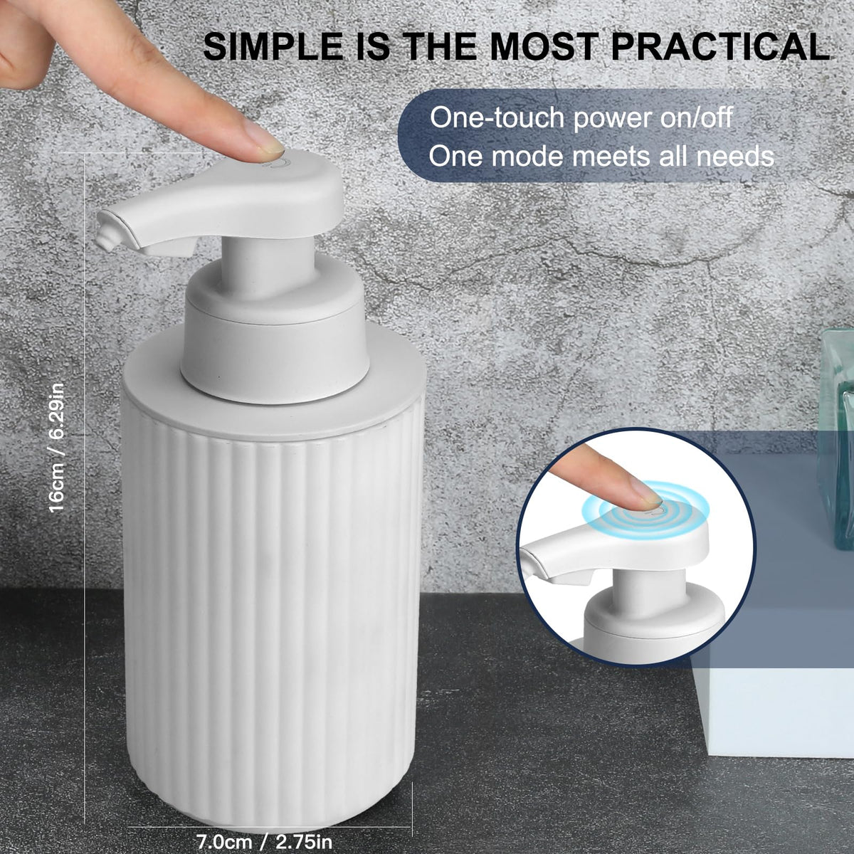 Phneems dispenser side view shows modern ribbed design on a white countertop