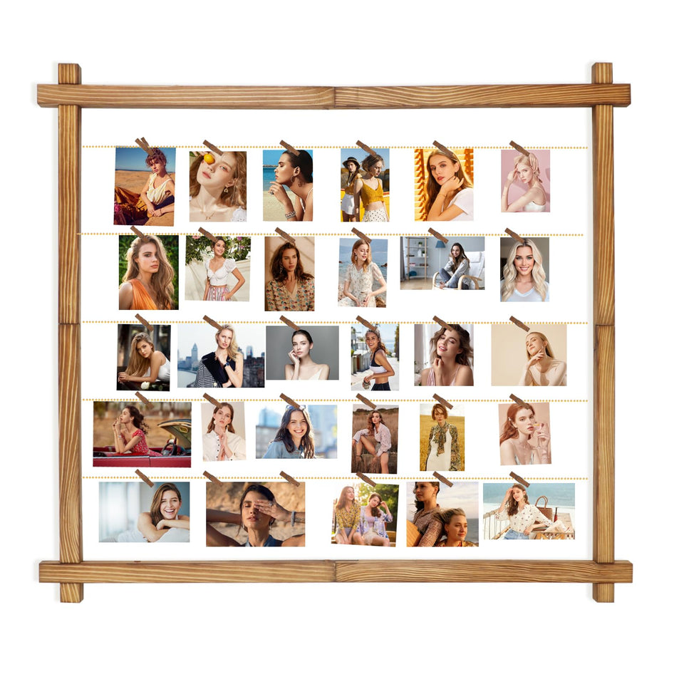PHOENANCEE collage frame with clips displaying favorite photos on a sleek wall.