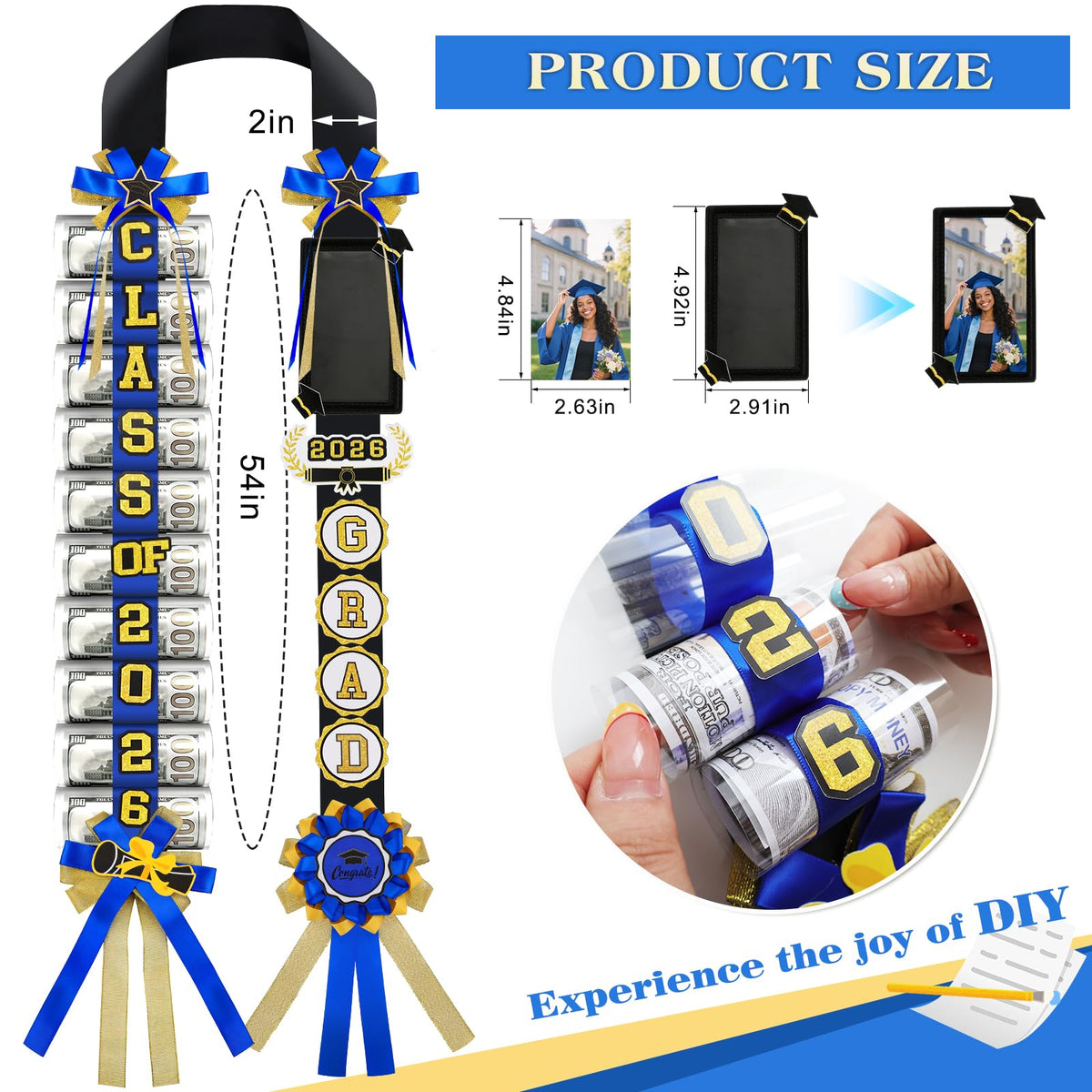 Phoncoo blue and gold graduation lei design for standout ceremony photos.