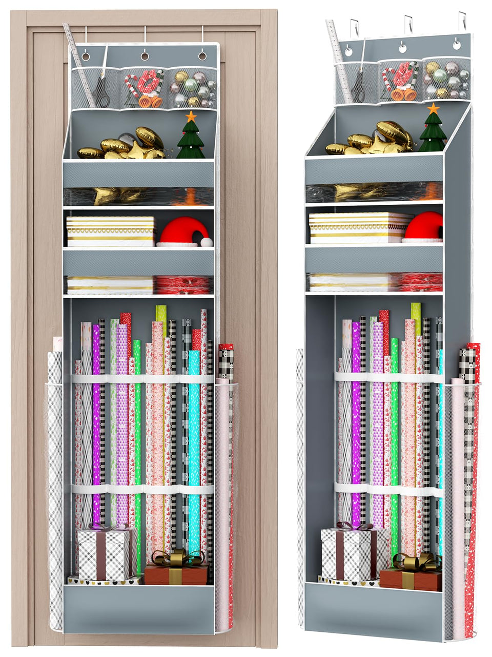 PHOTOONE gift wrapping storage behind a door keeps rolls organized and accessible