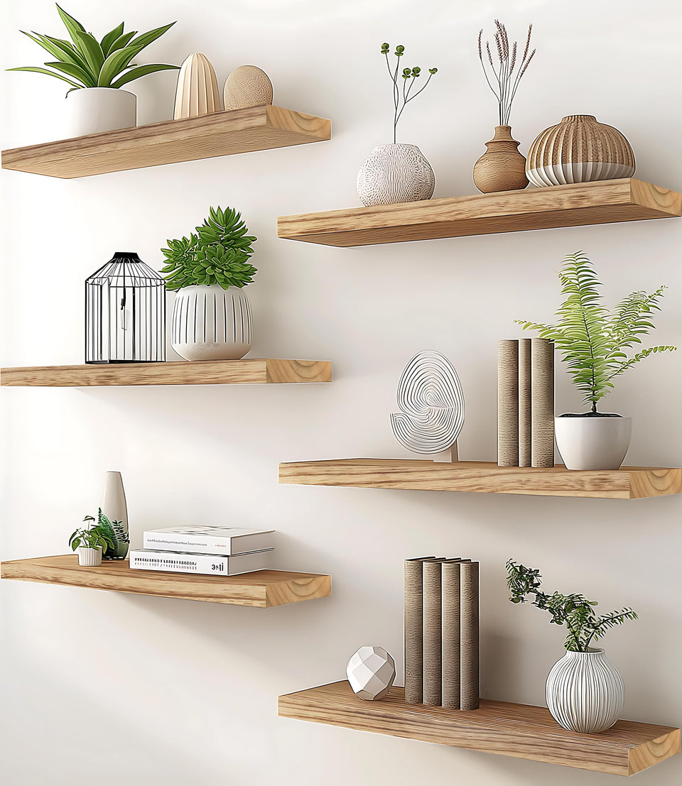 PHPH wood floating shelves six-pack for wall display and organized decor.