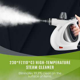 Phueut handheld steamer in use on tile floor for grease and grime removal