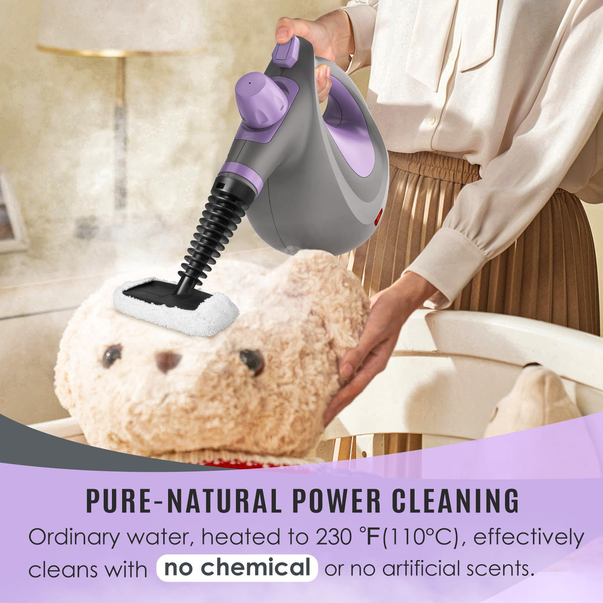 Phueut pressurized steam cleaner on floor surfaces for deep cleaning