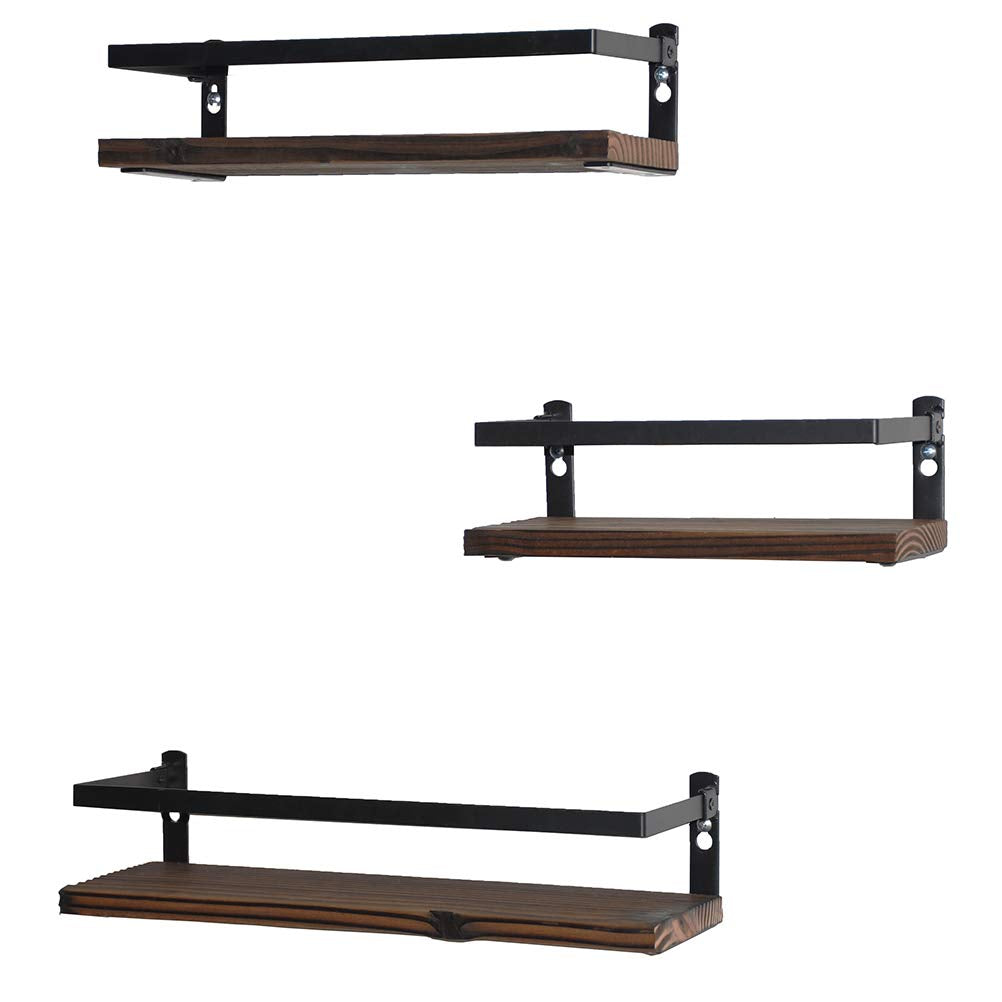 PHUNAYA floating shelves front view in rustic wood with fence protection for safe display.