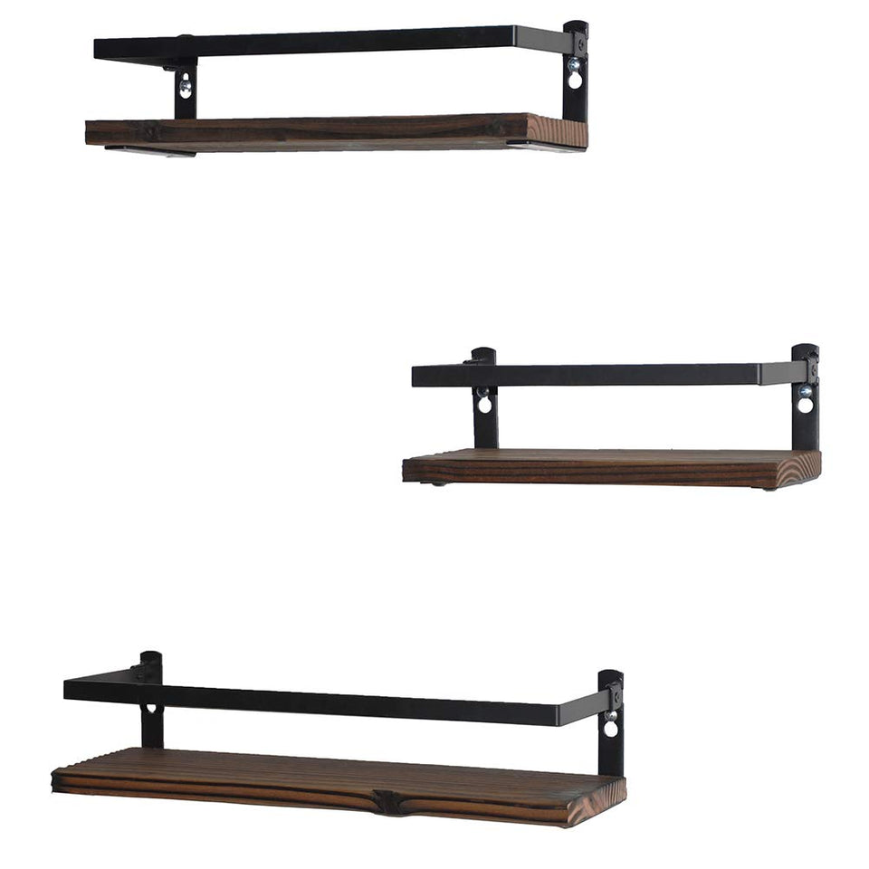 PHUNAYA floating shelves front view in rustic wood with fence protection for safe display.