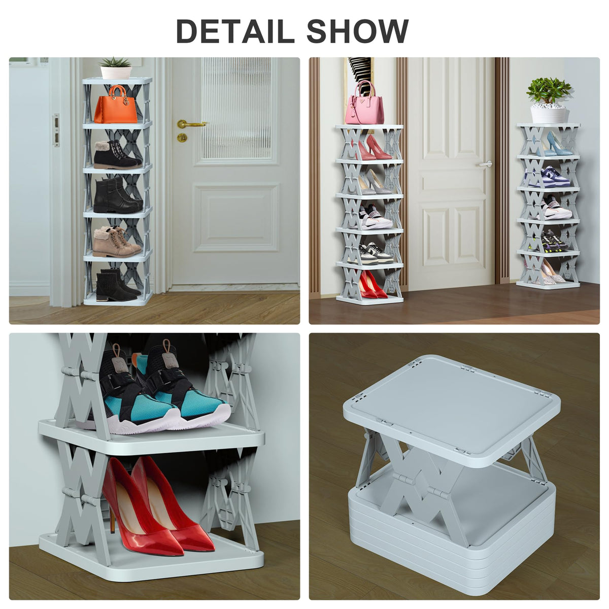 PHUNIGEEFT kids shoes organized on adjustable shelves.