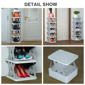 PHUNIGEEFT kids shoes organized on adjustable shelves.