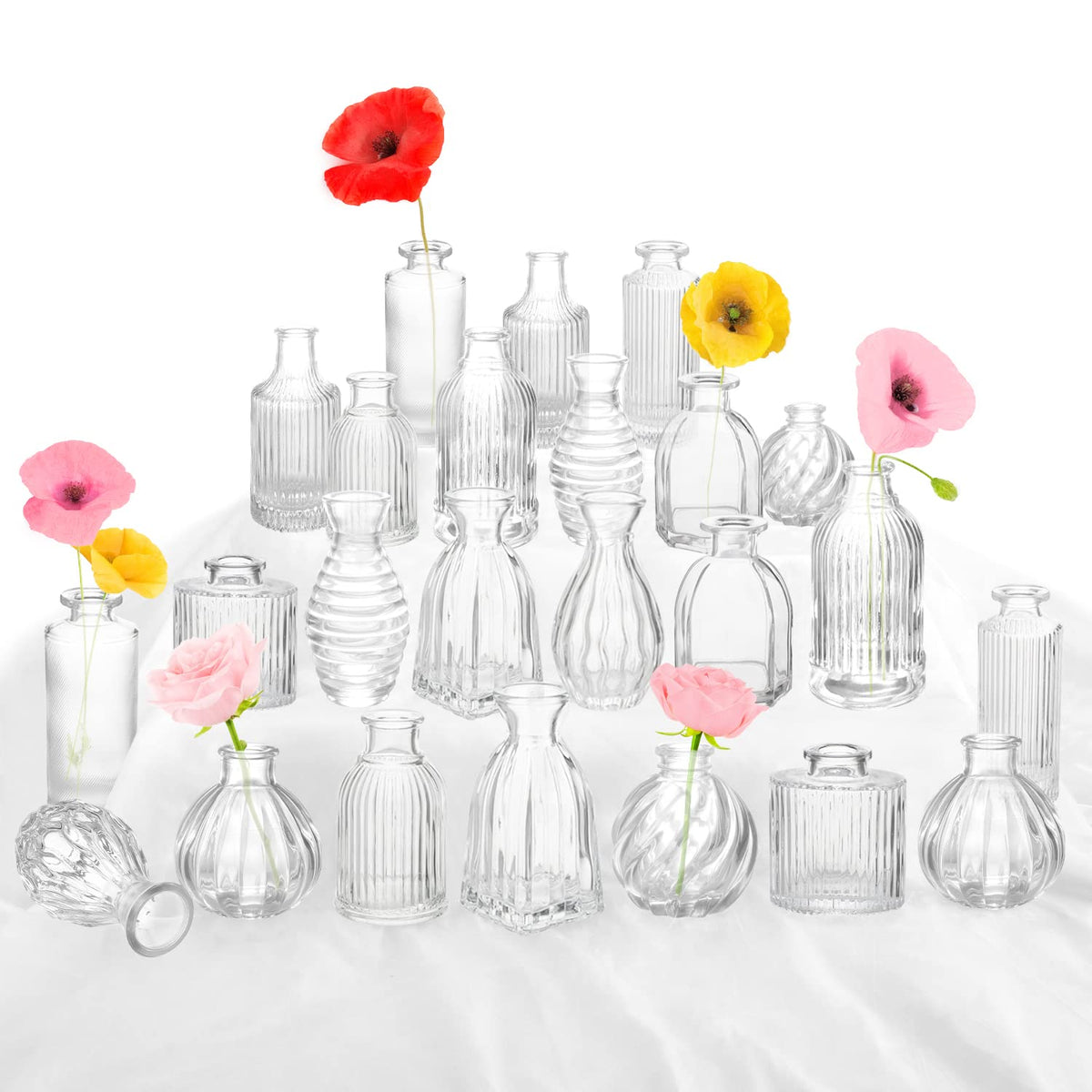 PHUNTTEK bud vases bulk 24 with varied shapes for elegant centerpieces