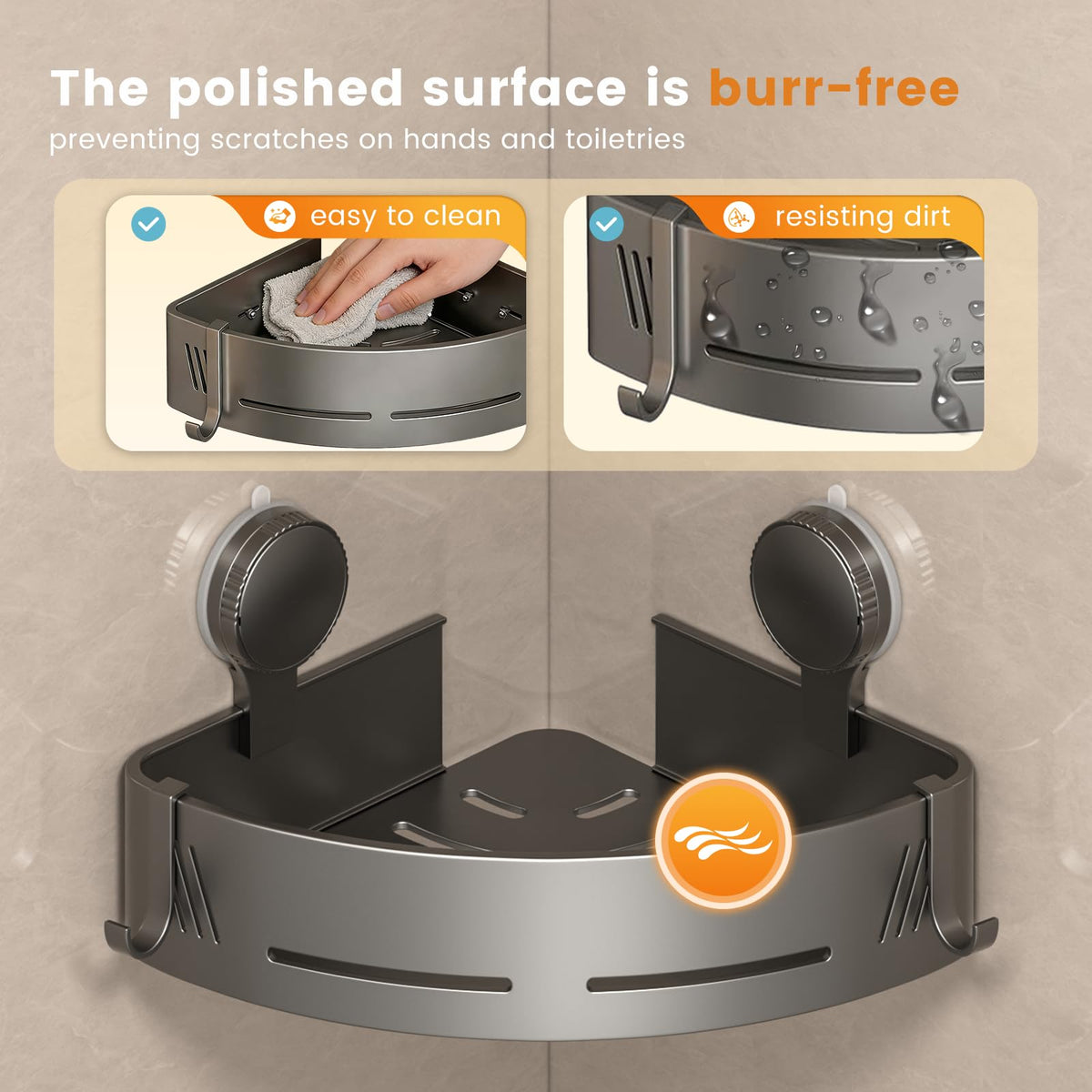 Built-in hooks offer extra hanging space for loofahs and razors.