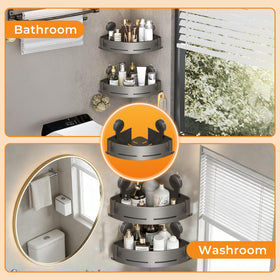 Space-saving corner storage design helps declutter the shower.