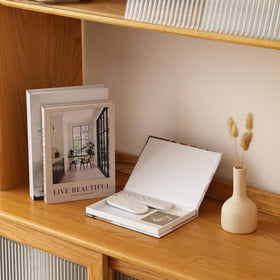 Picapspr living room or office decor accent on shelf.