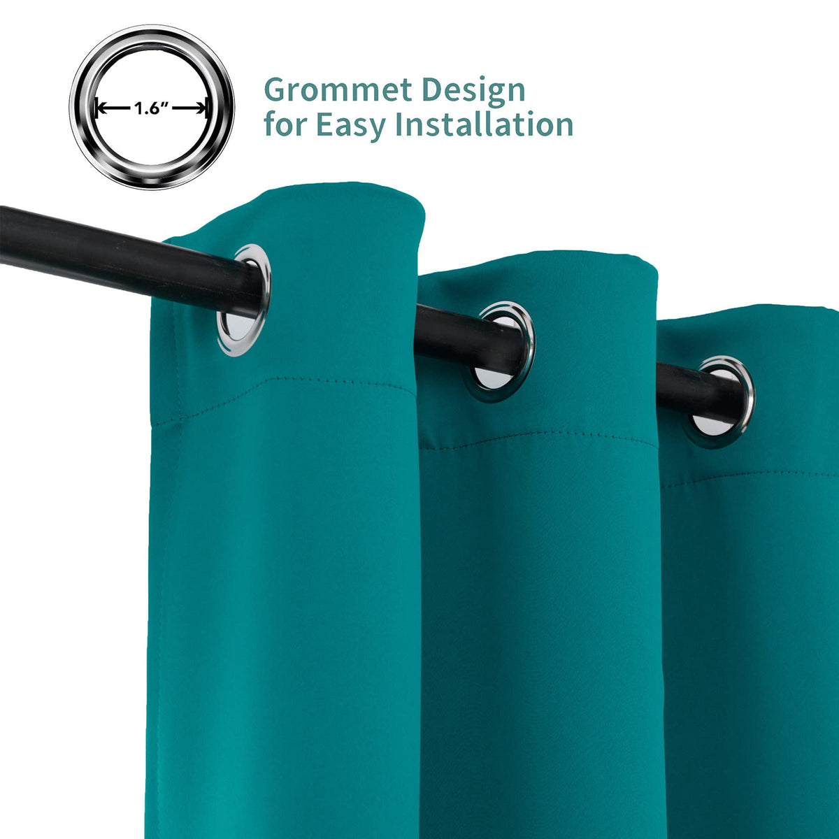 Pickluc teal blackout curtains installed in living room for elegant privacy.