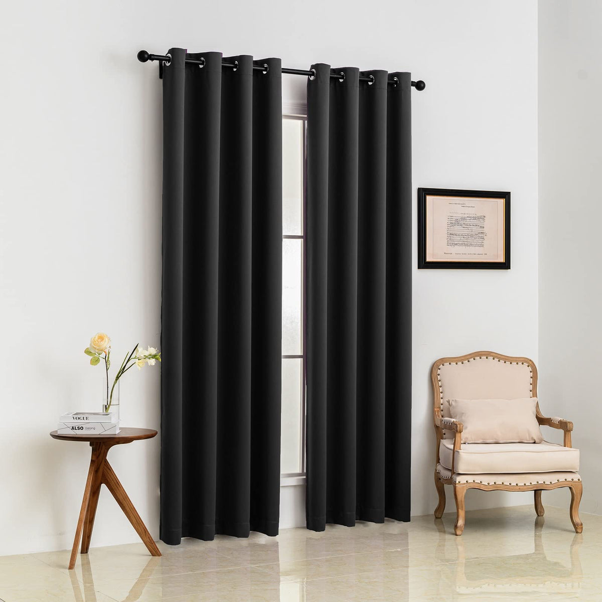 Two-panel Pickluc 52-inch curtains for wide windows reduce glare.