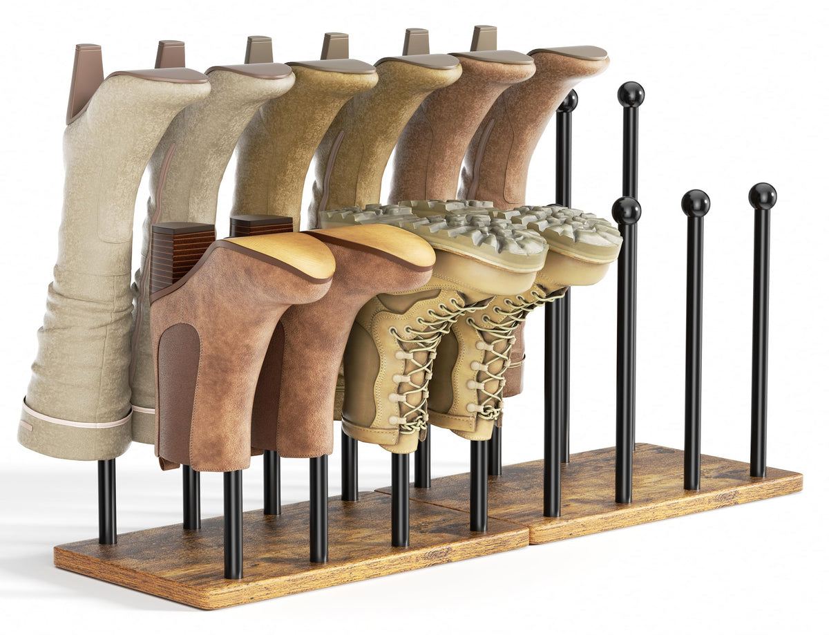 Pickpiff boot rack 8-pair display shows organized footwear at a glance.