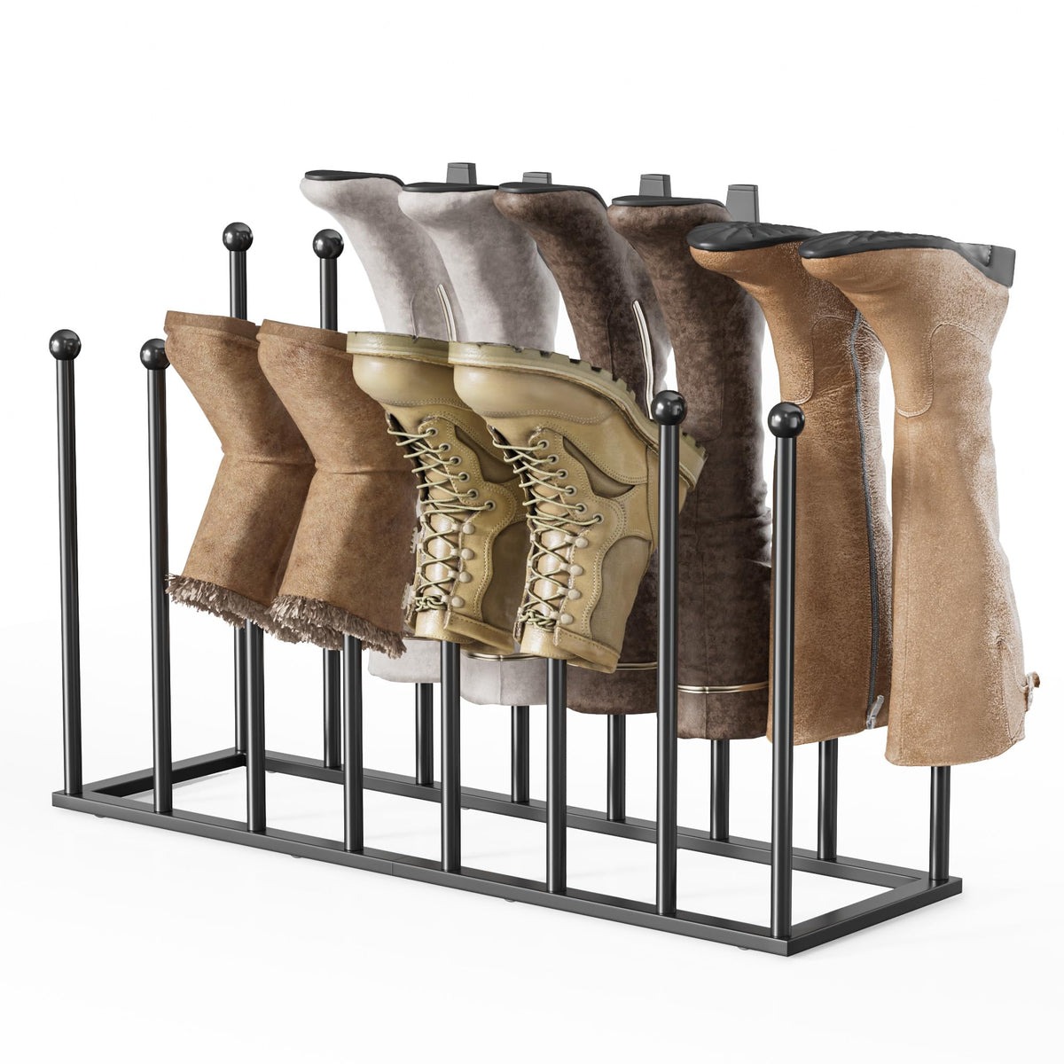 Pickpiff free-standing boot rack in black keeps boots upright for quick organization.