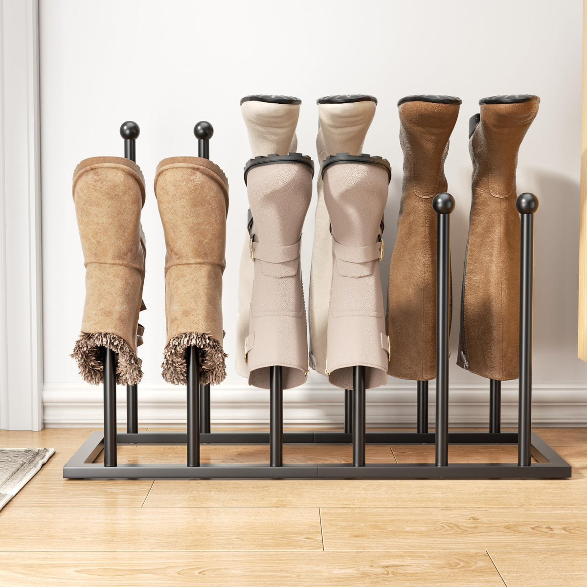 Pickpiff Free Standing Boot Rack front view shows six boots organized in a stable black metal frame