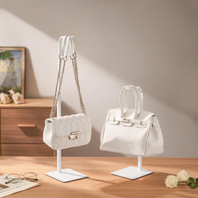 Pickpiff purse display stand table top white keeps handbags upright and protected.