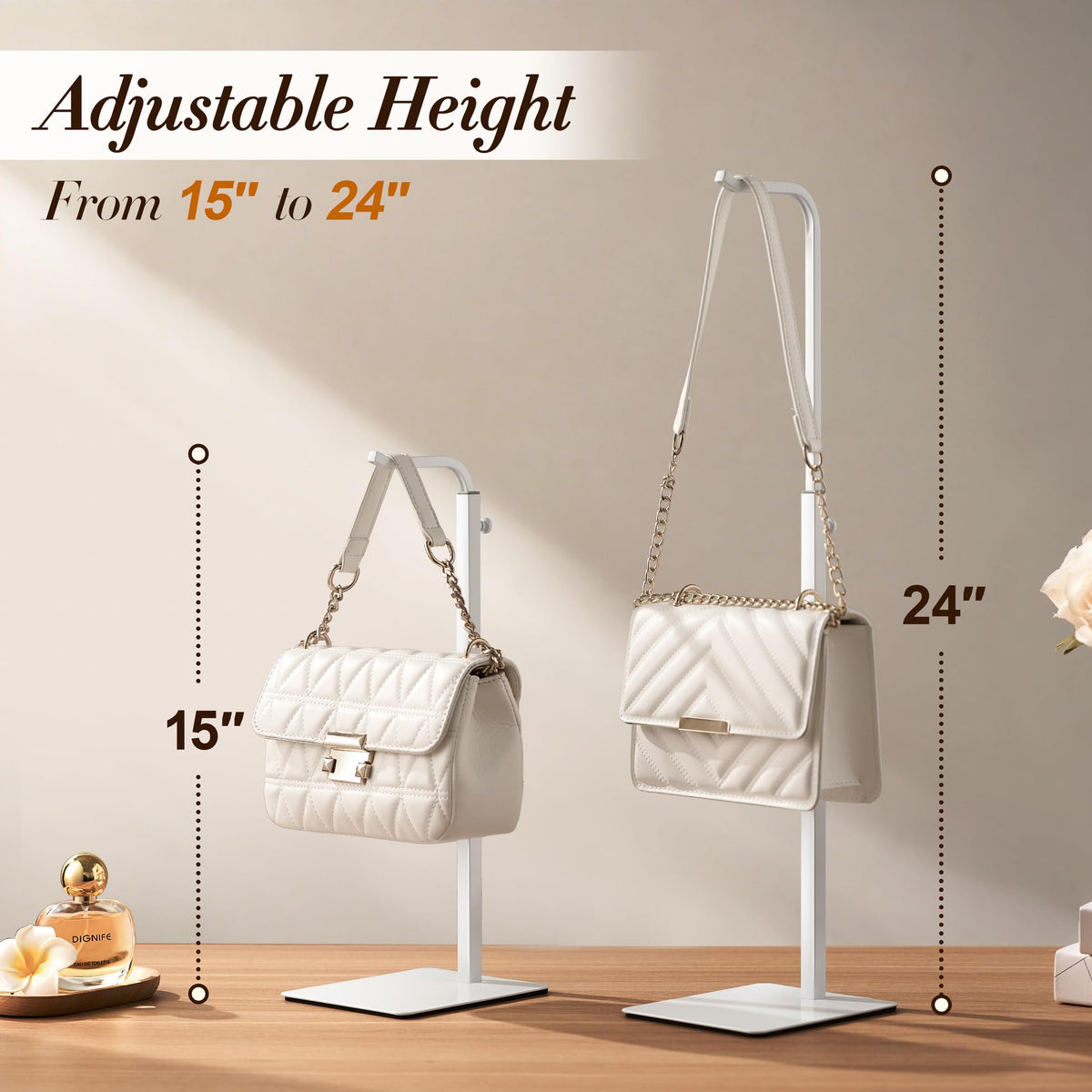 Pickpiff vertical bag hanger white base saves counter space and enhances presentation.