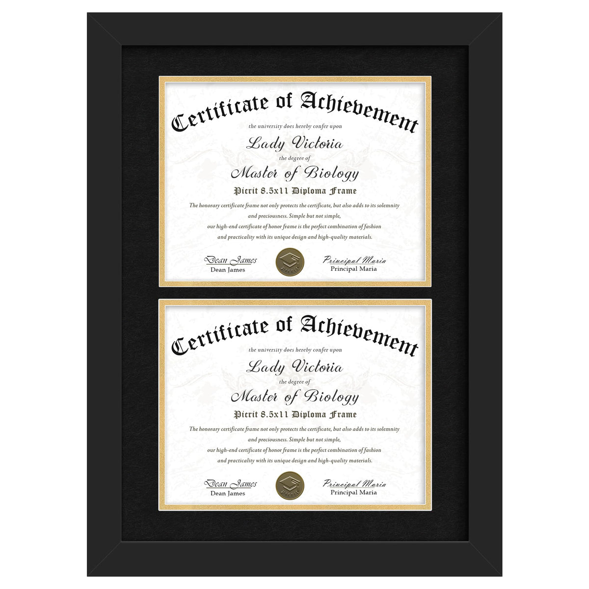 Picrit double 8.5x11 frame with mat front view shows elegant diploma display for home or office